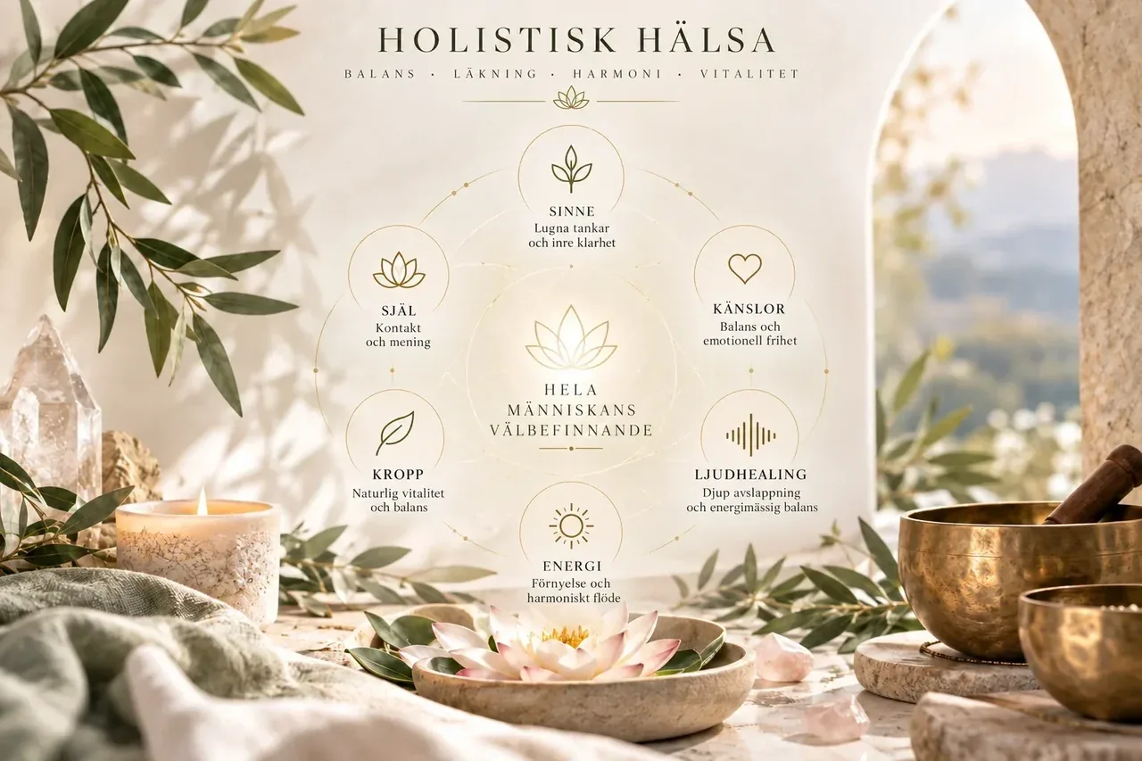 Infografik om holistisk hälsa med sinne, känslor, ljudhealing, energi, kropp och själ kring hela människans välbefinnande