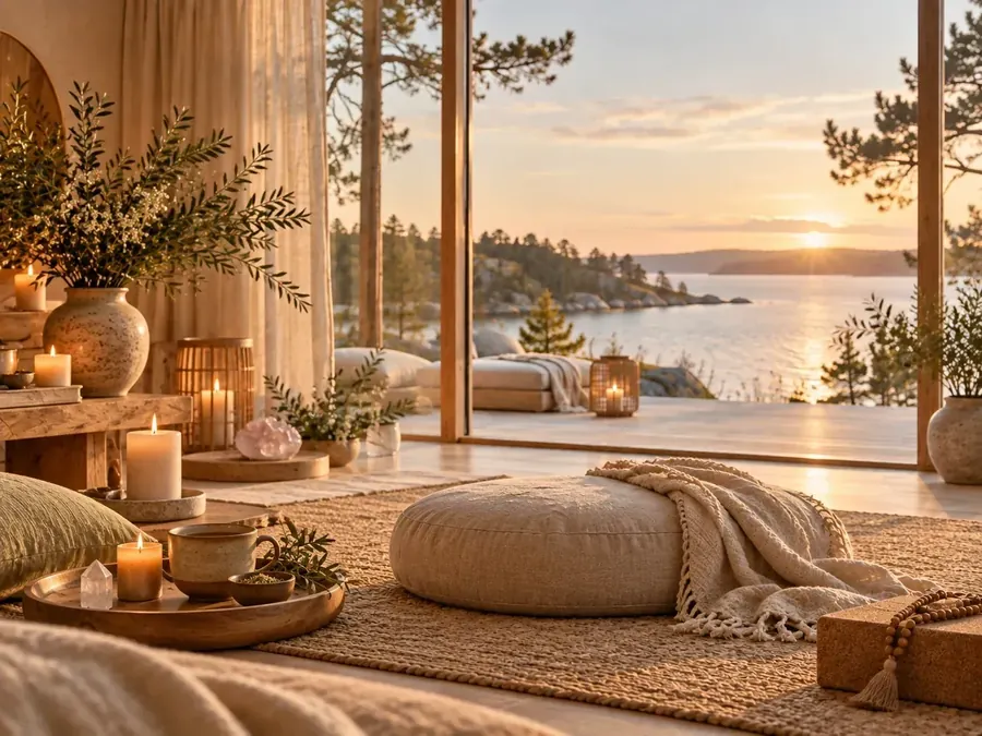 Meditationshörna med kudde, ljus och sjöutsikt