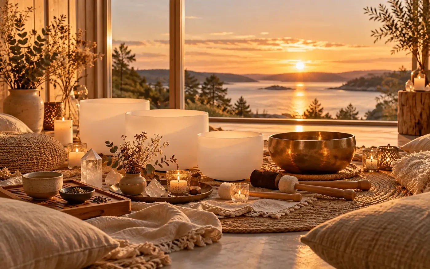 Sound healing med kristallskålar, klangskål, levande ljus och mjuka kuddar