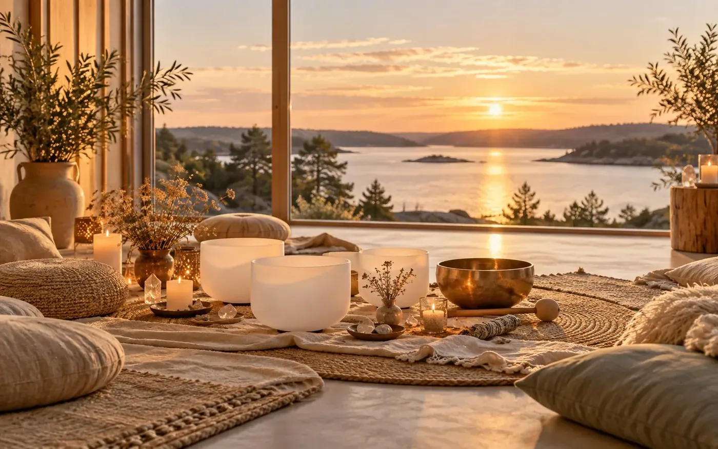Sound healing med kristallskålar och klangskål i varm miljö med havsutsikt