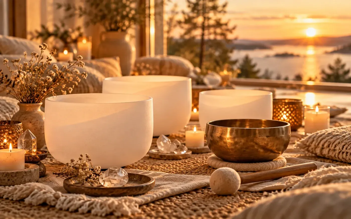 Kristallskålar och klangskål för sound healing i varmt kvällsljus