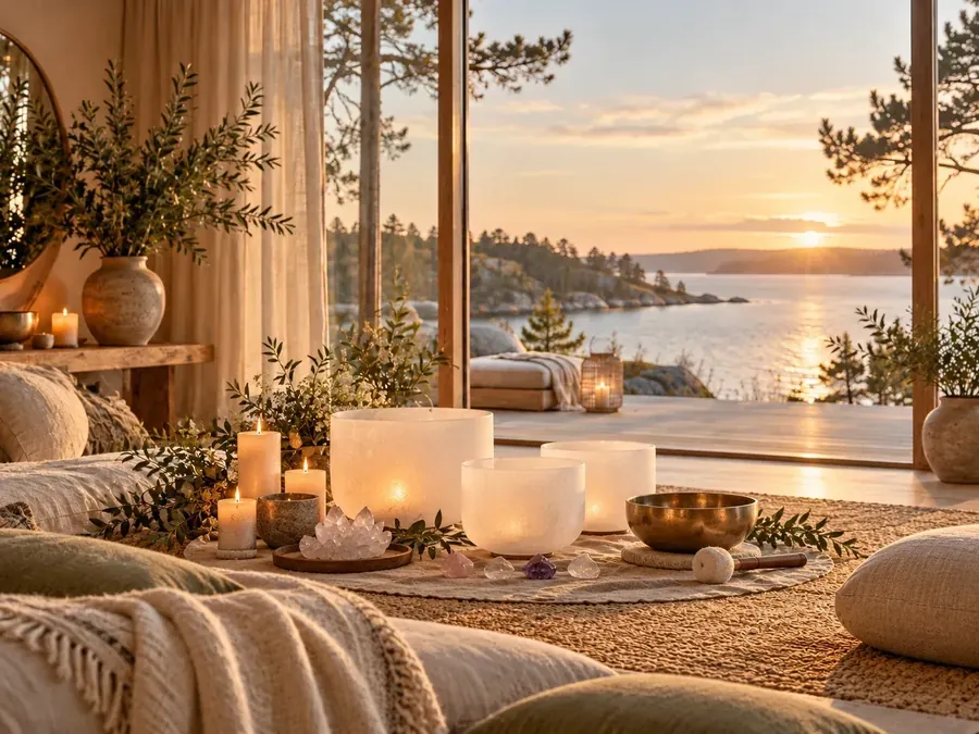 Kristallskålar och klangskål i lugn sound healing-miljö