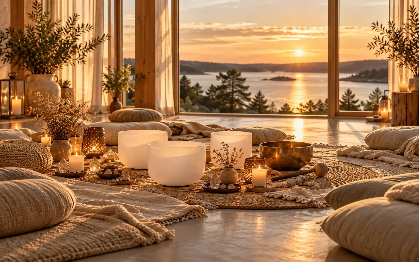 Ljudbad med kristallskålar, klangskål och mjuka kuddar i en varm meditativ miljö